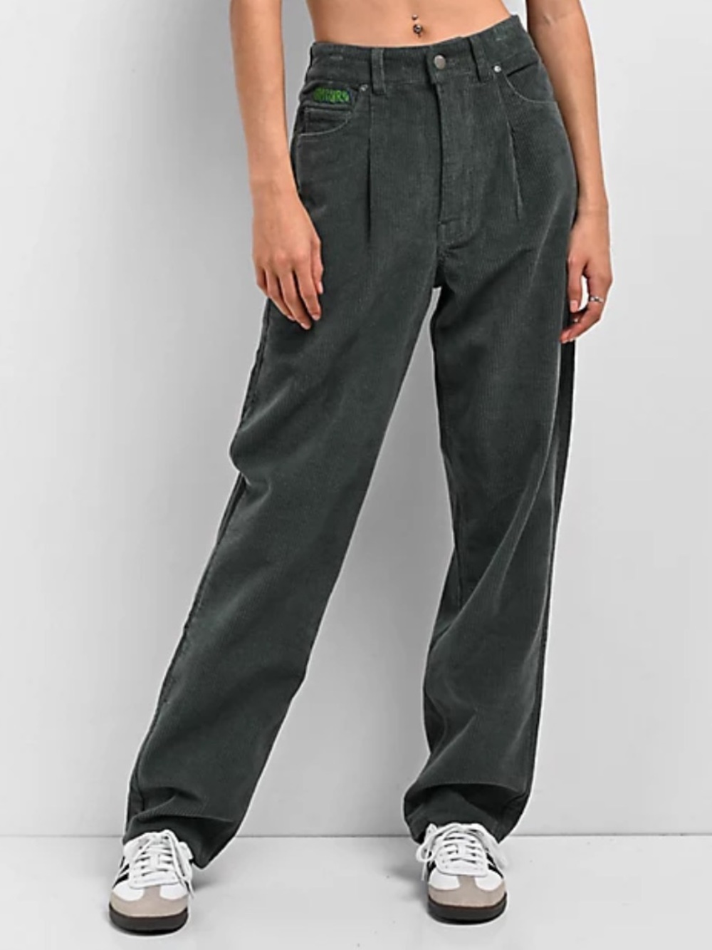 Empyre | Women’s Muted Green Tori Pleat Front Corduroy Straight-Leg Pants Size M
